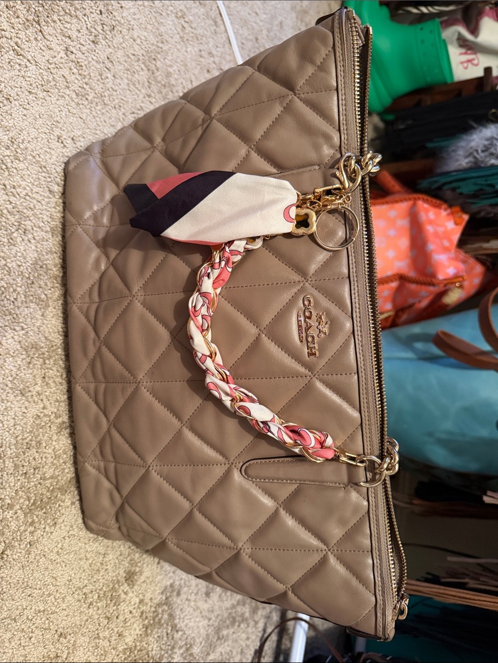 Coach Quilted Taupe Shoulder Bag with Scarf Detail